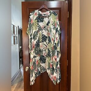 Moss Rose Tropical Leaf Kimono O/S Green Floral Boho Beach Cover Up